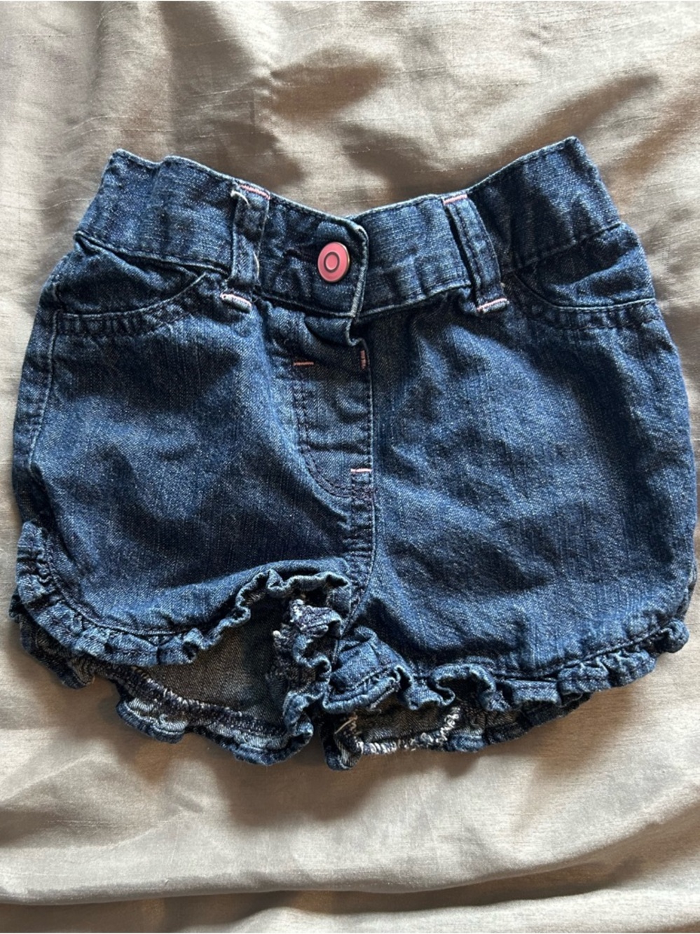 George Dark Blue Denim Ruffle Hem Shorts with Pink Button